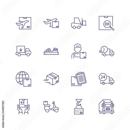 Delivery line icon set. Courier, ship, truck. Shipment concept. Can be used for topics like cargo, mailing, postal service