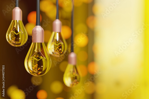 3D rendering Hanging light bulbs with blur bokeh, bokeh light.