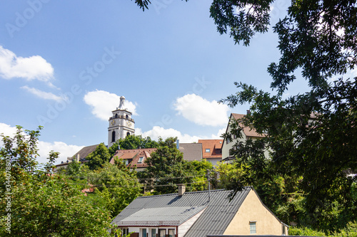 Beautiful scenic view on Evangelisches Pfarramt Gaisburg church and summer cityscape photo