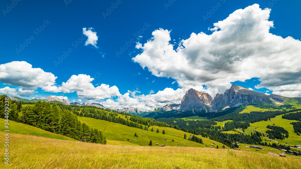 Magic of the Dolomites in summer. Alpe di Siusi. UNESCO. Italy.