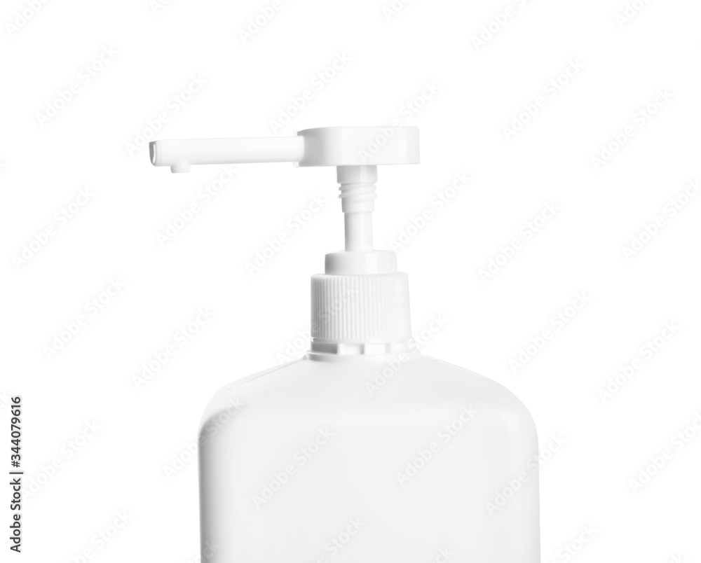 Dispenser bottle with antiseptic gel isolated on white, closeup Dispenser bottle with antiseptic gel isolated on white, closeup