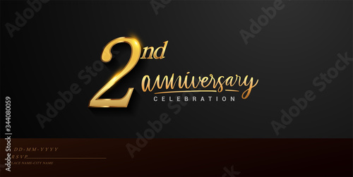 2nd anniversary celebration logotype with handwriting golden color elegant design isolated on black background. vector anniversary for celebration, invitation card, and greeting card
