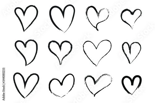 Vector Heart shape frame with brush. Heart hand drawn icons set isolated on white background. For poster, wallpaper and Valentine's day. Collection of hearts, vector illustration