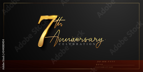 7th anniversary celebration logotype with handwriting golden color elegant design isolated on black background. vector anniversary for celebration, invitation card, and greeting card