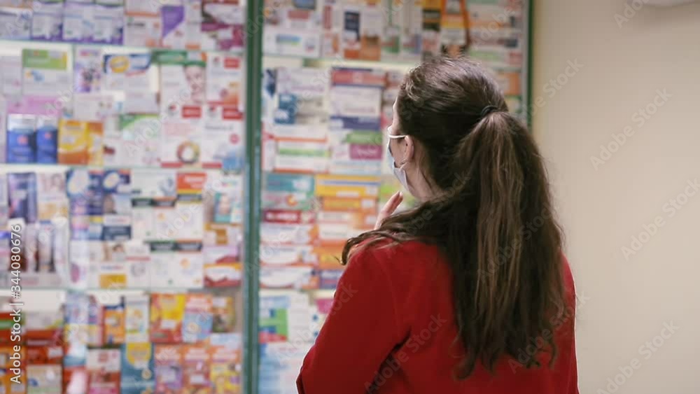 A woman in a medical mask goes into a pharmacy, and looks at the Windows with medicines. Rear view. The concept of buying medicines from a viral pandemic A woman in a medical mask goes into a pharmacy, and looks at the Windows with medicines. Rear view. The concept of buying medicines from a viral pandemic