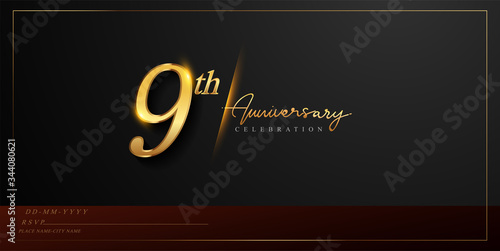 9th anniversary celebration logotype with handwriting golden color elegant design isolated on black background. vector anniversary for celebration, invitation card, and greeting card