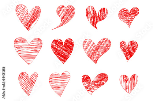 Vector  red Heart shape frame with brush. Heart hand drawn icons set isolated on white background. For poster, wallpaper and Valentine's day. Collection of hearts, vector illustration