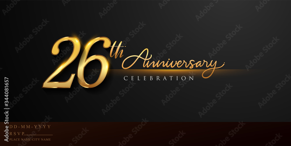 26th anniversary celebration logotype with handwriting golden color elegant design isolated on black background. vector anniversary for celebration, invitation card, and greeting card