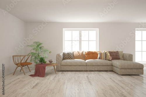 White living room with sofa. Scandinavian interior design. 3D illustration