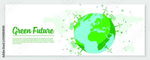 Green Environment on Earth. Banner Design Concept for Green Future. Wind Powers and Solar Panels on Earth Globe. Vector Illustration