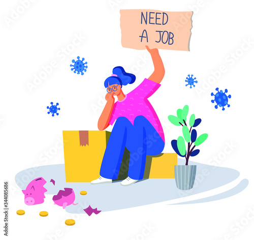 Sad woman is sitting on a box with the sign "need a work". The consequences of the coronavirus epidemic illustration. Dismissal in crisis vector concept.