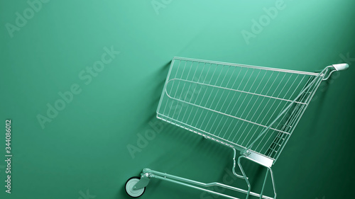 Shopping cart is empty on green background - Template design for ecommerce business - 3D Rendering