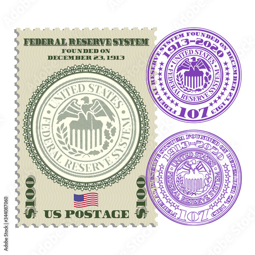 Postage stamp with two purple seals. Federal Reserve System founded on December 23, 1913