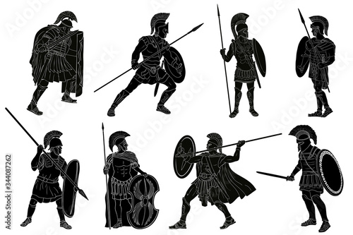 Ancient Roman warrior with a spear and shield in his hands is standing and looking away. Set of vector illustration isolated on white background.