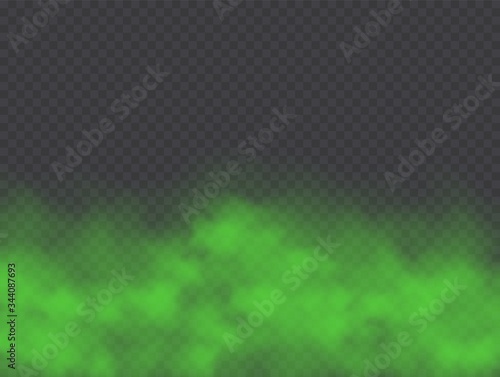 Green fog, bad smell or toxic smoke cloud isolated on transparent background. Realistic smog, haze, mist or cloudiness effect. Realistic vector illustration.