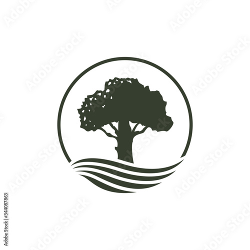 Tree river logo design. Nature environment, oak silhouette, tree of life, green earth. Emblem seal stamp style