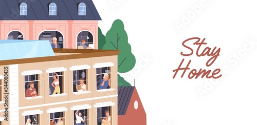 Stay home concept. People isolation, coronavirus quarantine horizontal banner. Men and women spend time in apartment during pandemic. Neighbors in windows. Vector illustration in flat cartoon style
