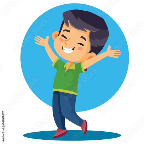 little boy of Asian appearance in a green T-shirt expresses enthusiasm for something, isolated object on a white background, vector illustration,