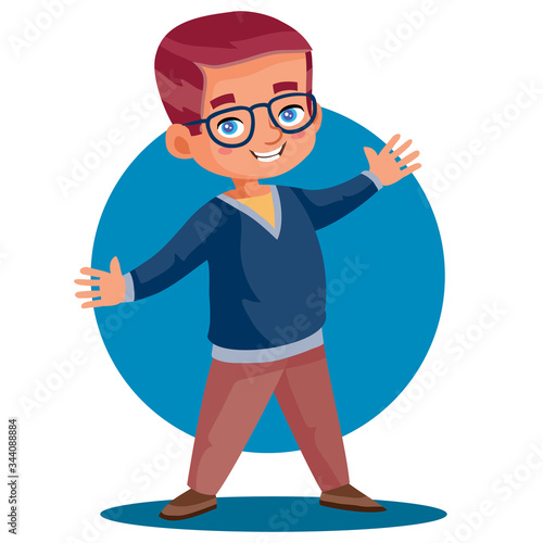 little boy in glasses enthusiastically tells something actively gesturing with his hands, isolated object on a white background, vector illustration,