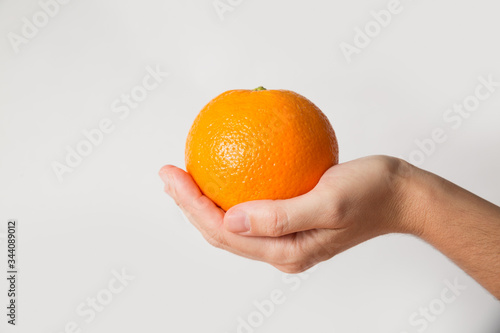 Person holding single orange in hand isolated on white background. Cropped shot, side view, closeup. Healthy nutrition or organic food concept