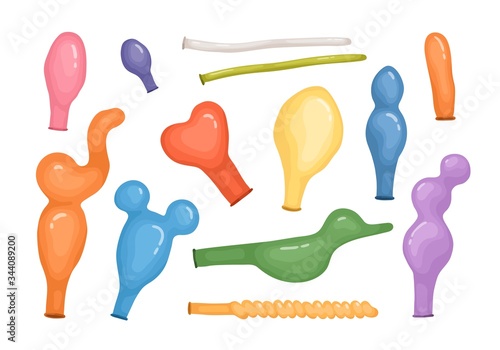 Deflated or empty balloons isolated on white background. Bright inflatable balloons of various shapes and colors. Festive decorative elements. Vector illustration in flat cartoon style