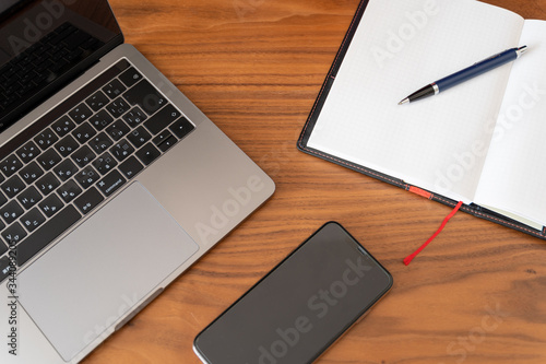 laptop on table with notebook and smartphone. workspace  at home.