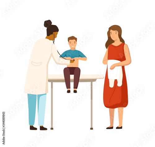 Cartoon mother and child boy visit therapist at clinic vector flat illustration. Female black skin doctor examination kid use stethoscope isolated on white. Family at consultation of pediatrician