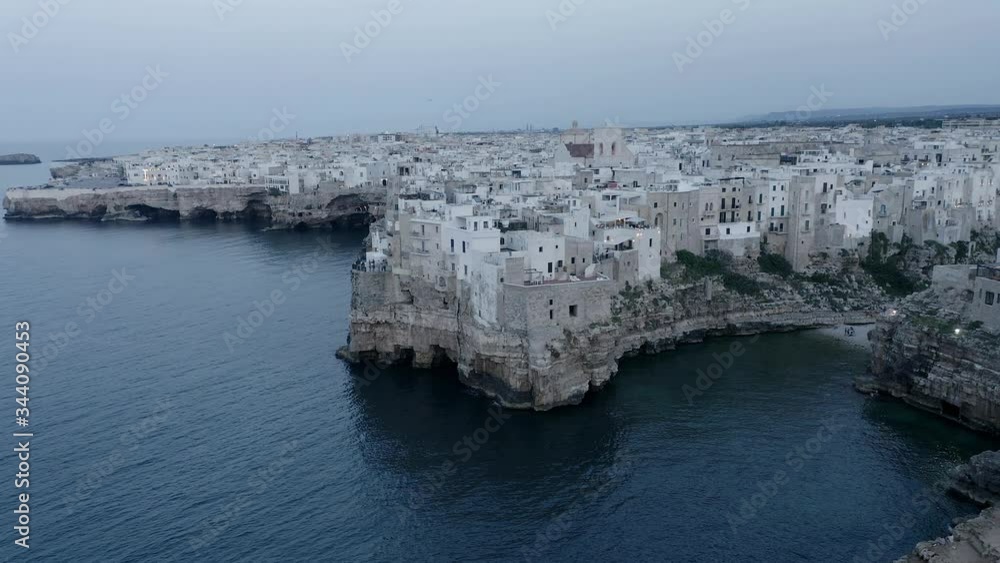 View to historic old town in evening, Polognano a Mare, Puglia, Italy View to historic old town in evening, Polognano a Mare, Puglia, Italy