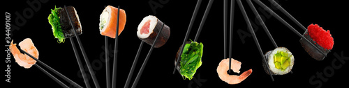 Collage of different sushi rolls and shrimps on black background. Banner design