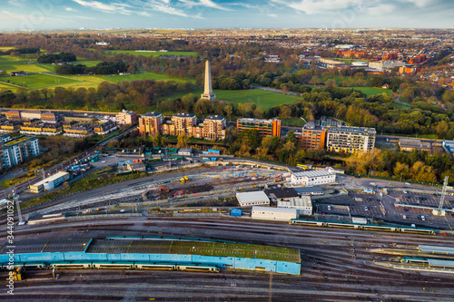 High angle aerial view over Dublin. Irish city drone photography.View over Heuston train station and Phoenix park