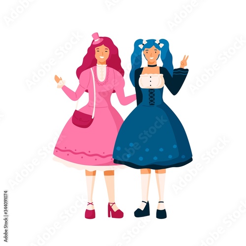 Two happy cartoon girl in bright colorful japan lolita costume vector flat illustration. Anime female characters in apparel at theme home party isolated on white background. Holiday masquerade