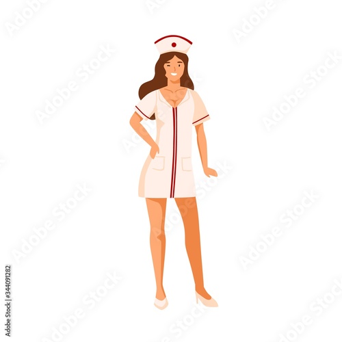 Sexy young female wearing nurse costume at carnival party vector flat illustration. Smiling woman winking and flirting isolated on white. Seductive girl in medical uniform