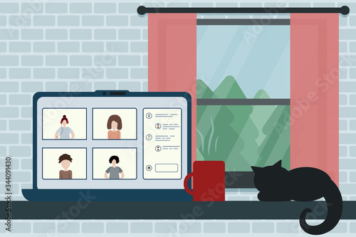 Work table with notebook, cup and cat. Work from home. Video conference. Stay at home. Home office. Quarantine. Flat illustration