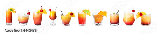 Set of Tequila Sunrise cocktails on white background. Banner design