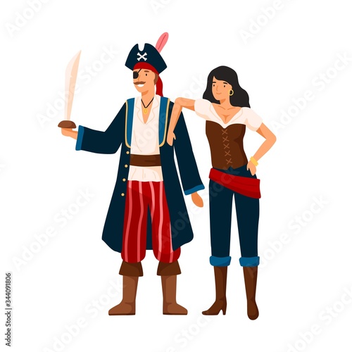 Funny pirate couple at costume party vector flat illustration. Smiling man and woman sea corsairs isolated on white background. Colorful male and female wearing piracy apparel at holiday masquerade photo