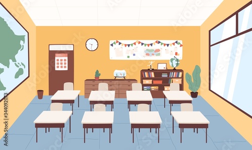 Empty classroom at primary school vector graphic illustration. Interior of cartoon elementary studying room with desk and chair ready to lesson. Indoor design with furniture at lecture area