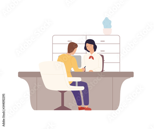 Smiling cartoon woman bank worker and man customer signing documents at offic...