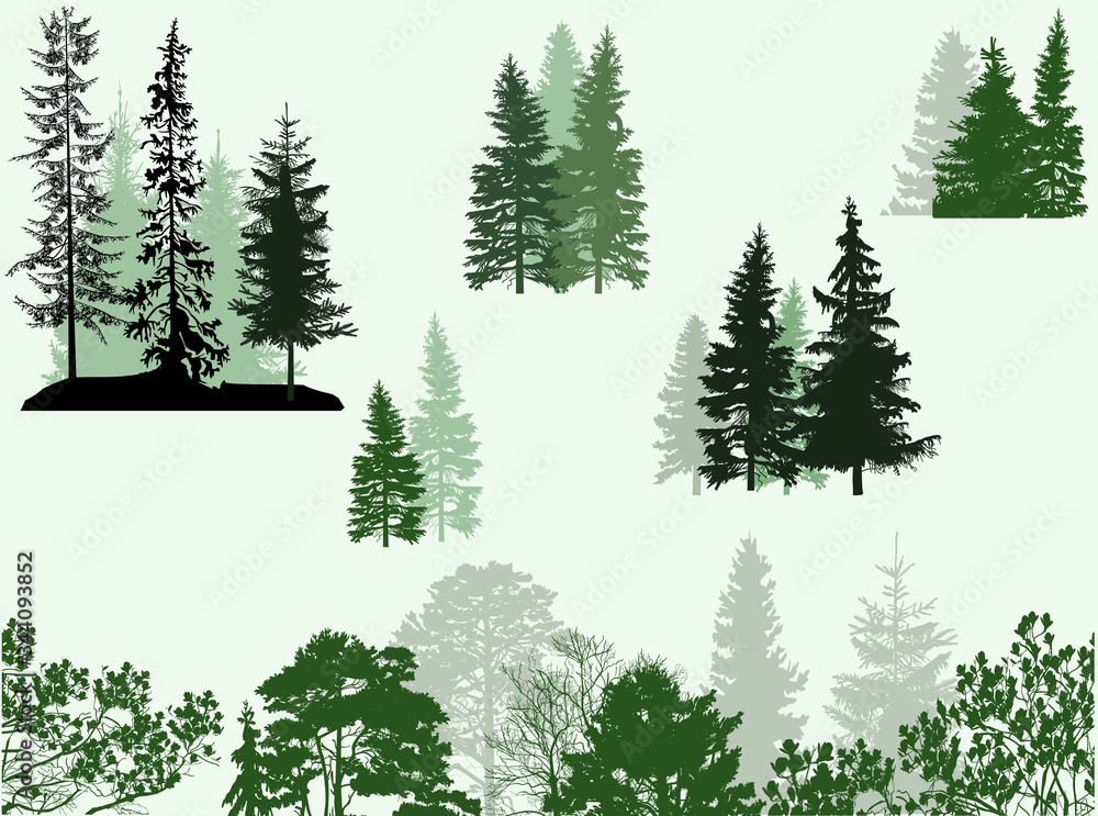 Fototapeta premium groups of trees isolated on light green background
