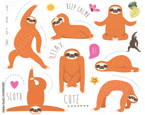 Cute Sloth Bear Yoga Elements Set