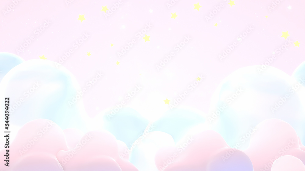 Pastel pink clouds, stars, and glowing lights. 3d rendering picture.