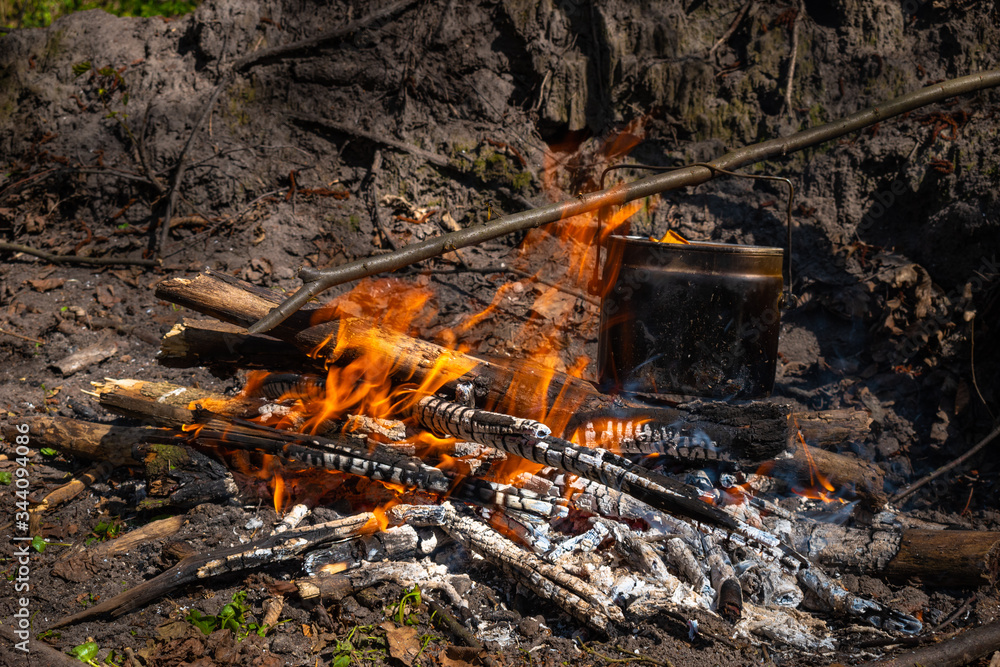 tea is brewed in a pot on a fire