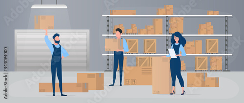 Large warehouse with drawers. Movers carry boxes. The girl with the list checks availability. Carton boxes. The concept of transportation, delivery and logistics of goods. Vector.