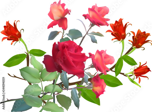 bunch of five roses and four red flowers isolated on white