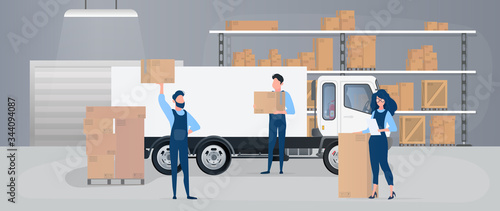 Large warehouse with drawers. Movers carry boxes. The girl with the list checks availability. Big truck. Carton boxes. The concept of transportation, delivery and logistics of goods. Vector.