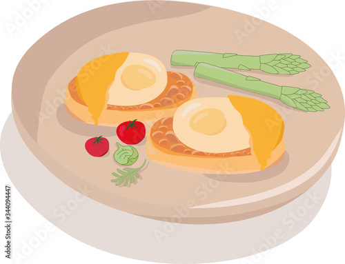 Eggs benedict poached with asparagus illustration for breakfast, brunch menu, web design, advertising poster for diner, restaurant, hotel. Vector stock illustration isolated on white background. EPS10