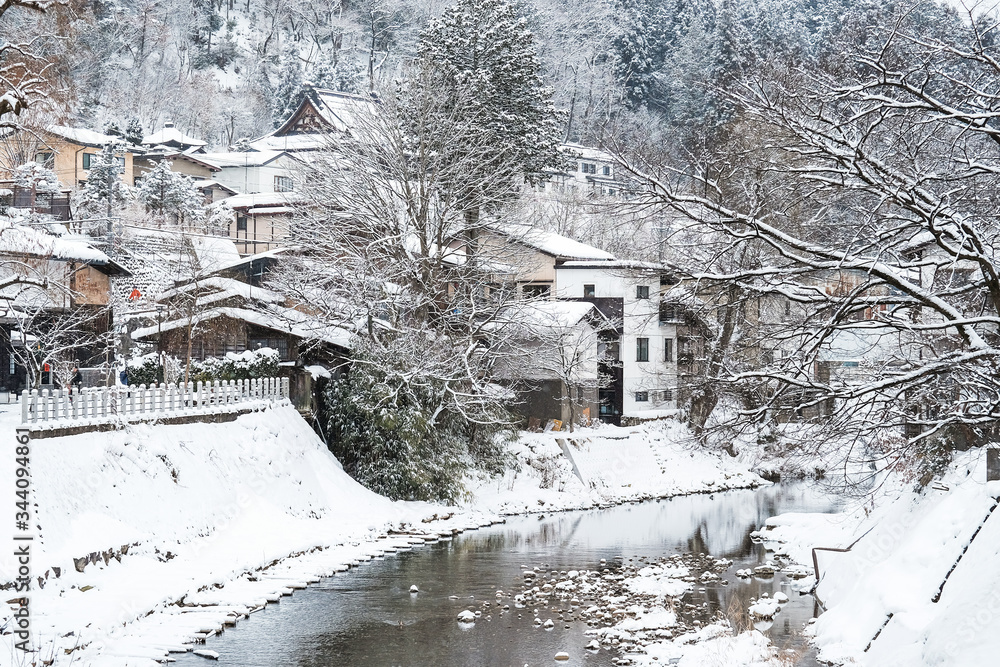 Ice streams are flowing through a village. In the cold weather, Takayama, Japan.