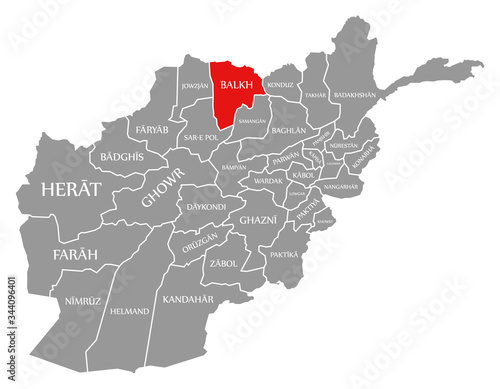 Balkh red highlighted in map of Afghanistan