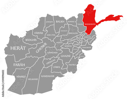 Badakhshan red highlighted in map of Afghanistan photo