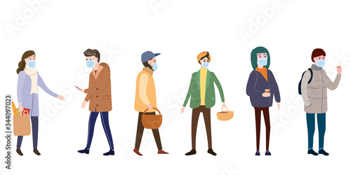 Set characters people wearing medical face masks protect themselves from COVID-19 coronavirus outbreak spreading