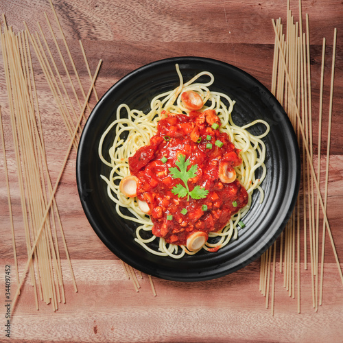 Spaghetti bolognese pasta with tomato sauce and minced. photo